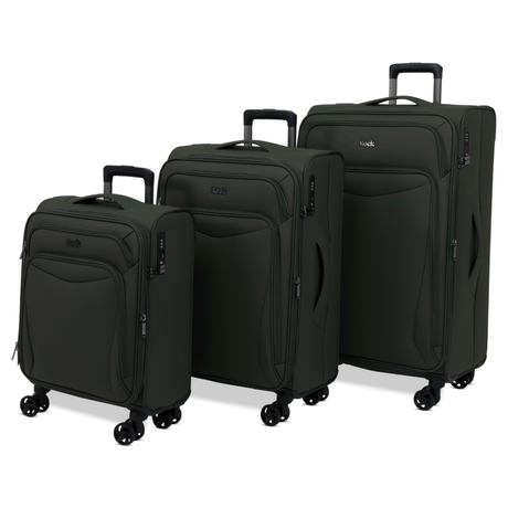 Khaki Vitality soft shell suitcase set: cabin, medium and large cases standing together