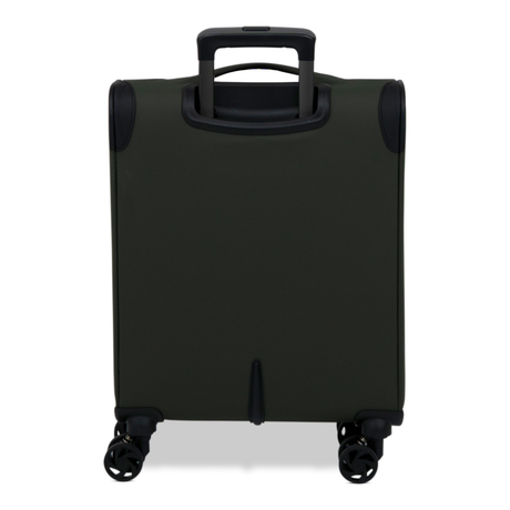 Khaki Vitality soft shell cabin suitcase from the back, showing the back panel and trolley handle
