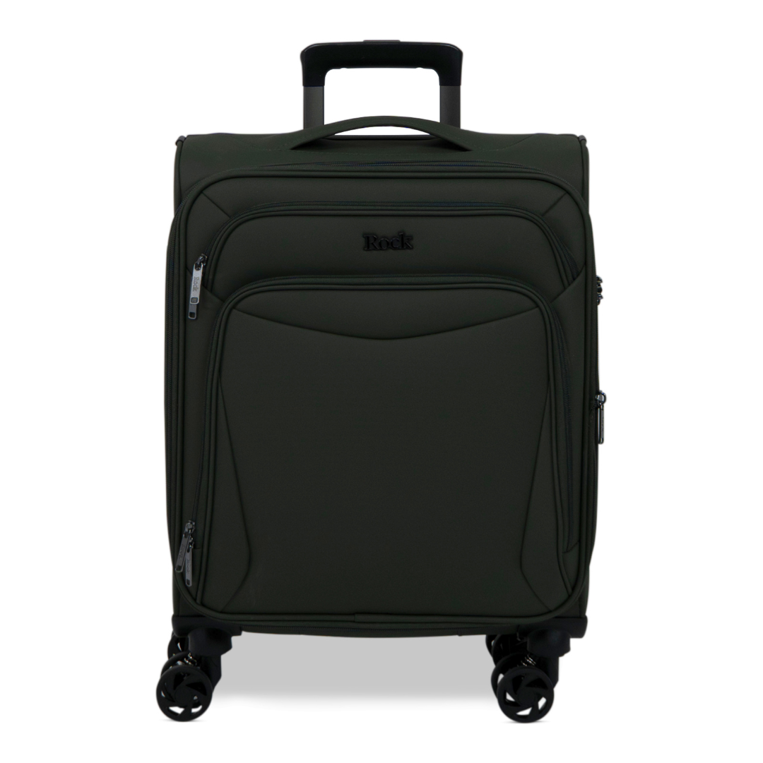 Khaki Vitality soft shell cabin suitcase with a zipped front pocket and 8 spinner wheels