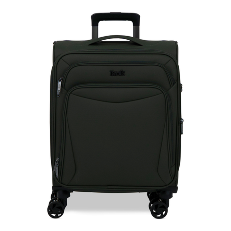 Khaki Vitality soft shell cabin suitcase with a zipped front pocket and 8 spinner wheels