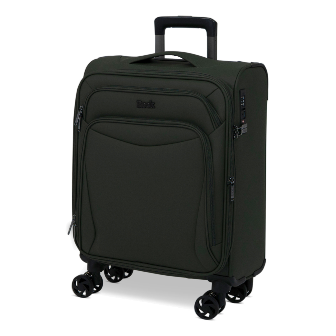 Khaki Vitality soft shell cabin suitcase, angled view showing the front pocket and trolley handle