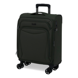 Khaki Vitality soft shell cabin suitcase, angled view showing the front pocket and trolley handle