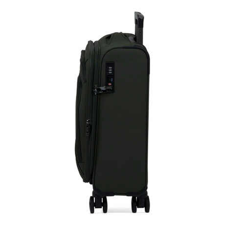 Khaki Vitality soft shell cabin suitcase, side view showing the expansion zip and side handle