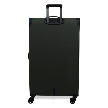 Khaki Vitality soft shell extra large suitcase from the back, showing the back panel and trolley handle