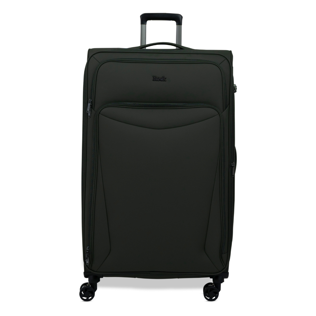 Khaki Vitality soft shell extra large suitcase with a zipped front pocket and 8 spinner wheels