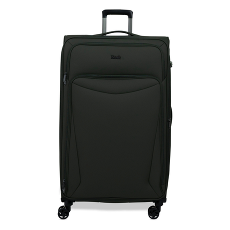 Khaki Vitality soft shell extra large suitcase with a zipped front pocket and 8 spinner wheels