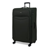 Khaki Vitality soft shell extra large suitcase, angled view showing the front pocket and trolley handle