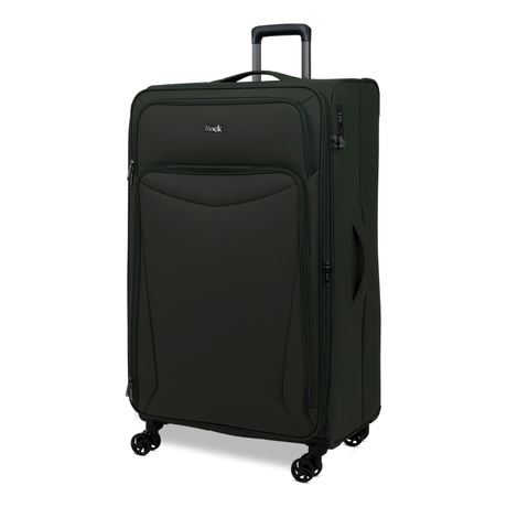 Khaki Vitality soft shell extra large suitcase, angled view showing the front pocket and trolley handle