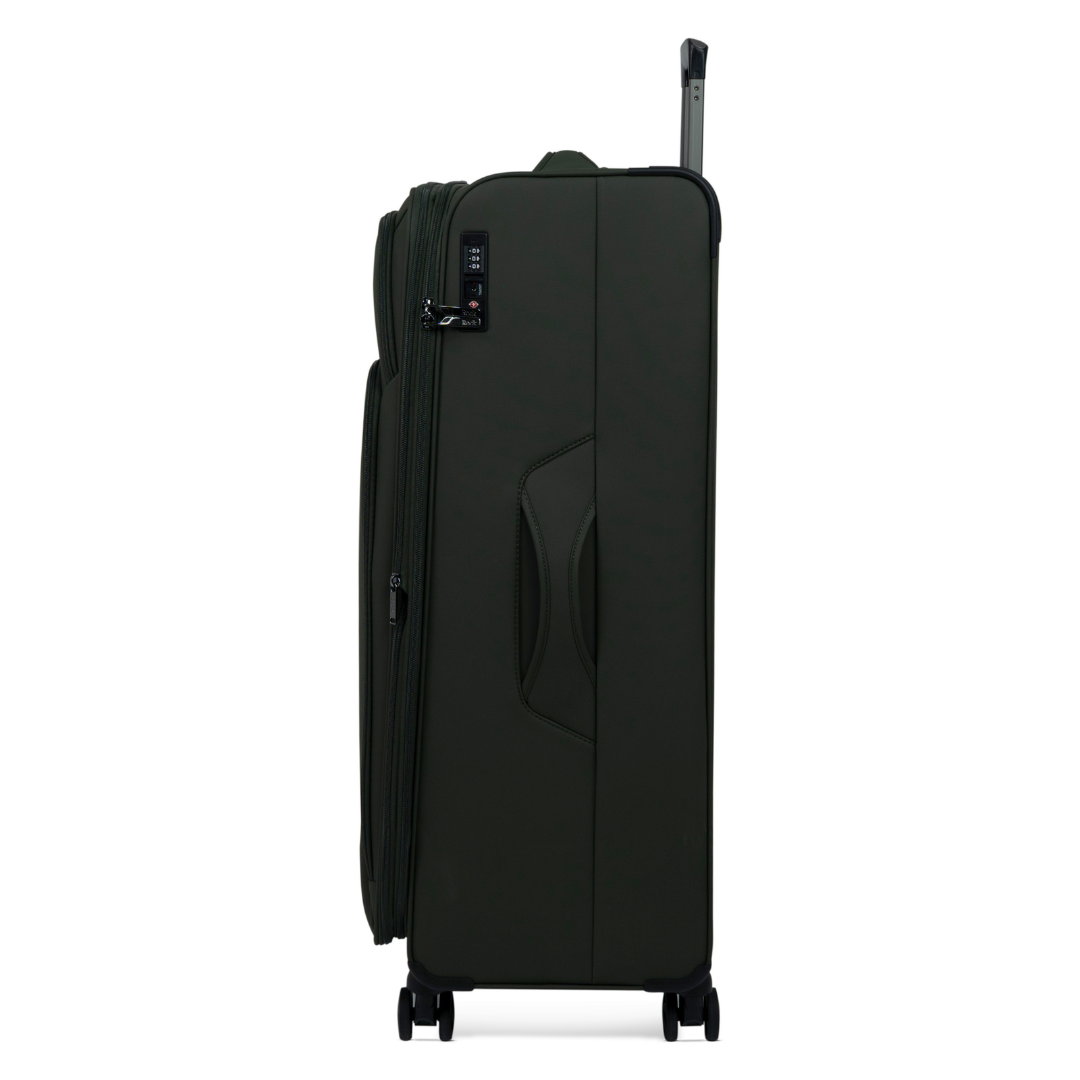 Khaki Vitality soft shell extra large suitcase, side view showing the expansion zip and side handle
