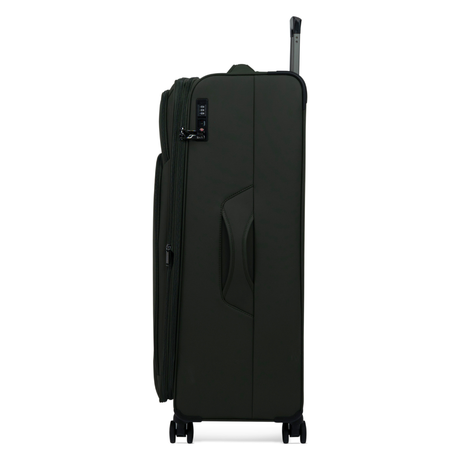 Khaki Vitality soft shell extra large suitcase, side view showing the expansion zip and side handle