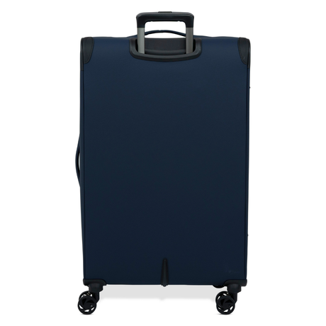 Navy Vitality soft shell large suitcase from the back, showing the back panel and trolley handle