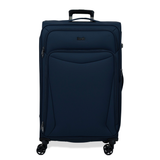 Navy Vitality soft shell large suitcase with a zipped front pocket and 8 spinner wheels