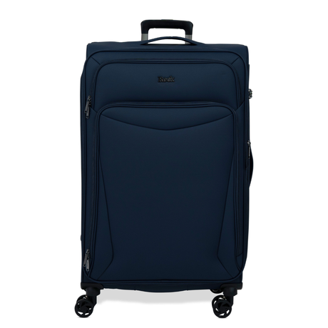 Navy Vitality soft shell large suitcase with a zipped front pocket and 8 spinner wheels