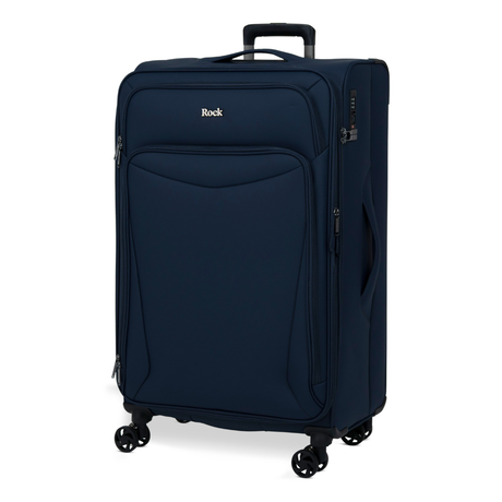Navy Vitality soft shell large suitcase, angled view showing the front pocket and trolley handle