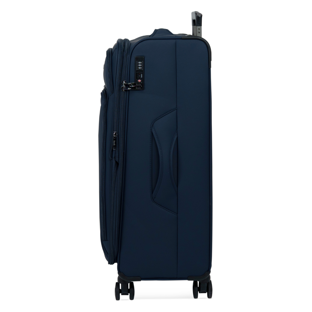 Navy Vitality soft shell large suitcase, side view showing the expansion zip and side handle