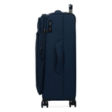 Navy Vitality soft shell large suitcase, side view showing the expansion zip and side handle