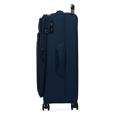 Navy Vitality soft shell large suitcase, side view showing the expansion zip and side handle
