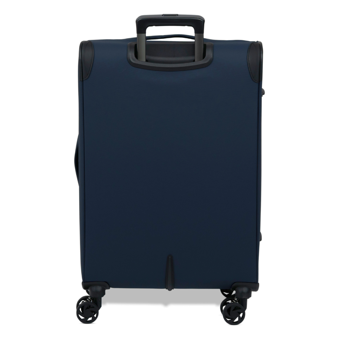 Navy Vitality soft shell medium suitcase from the back, showing the back panel and trolley handle
