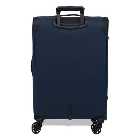 Navy Vitality soft shell medium suitcase from the back, showing the back panel and trolley handle