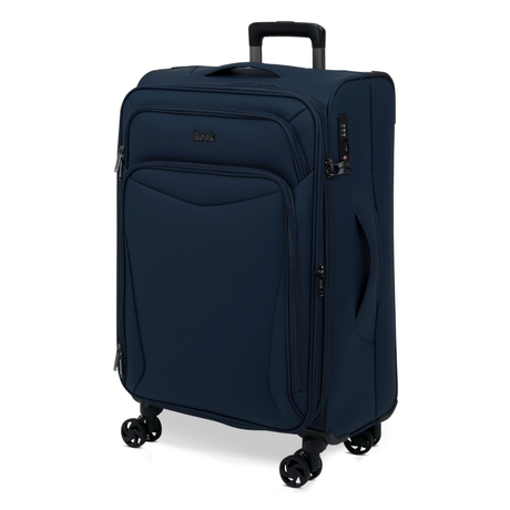 Navy Vitality soft shell medium suitcase, angled view showing the front pocket and trolley handle