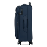 Navy Vitality soft shell medium suitcase, side view showing the expansion zip and side handle