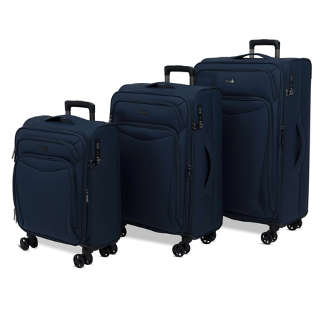 Navy Vitality soft shell suitcase set: cabin, medium and large cases standing together