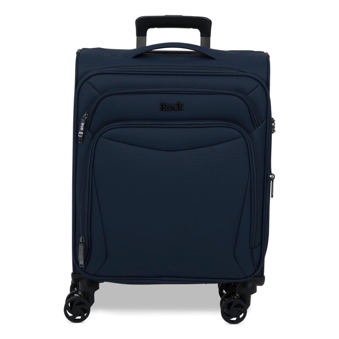Navy Vitality soft shell cabin suitcase with a zipped front pocket and 8 spinner wheels