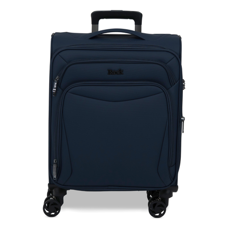 Navy Vitality soft shell cabin suitcase with a zipped front pocket and 8 spinner wheels