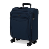 Navy Vitality soft shell cabin suitcase, angled view showing the front pocket and trolley handle
