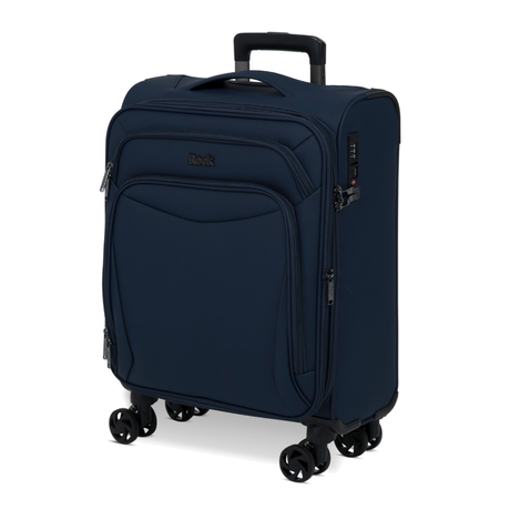 Navy Vitality soft shell cabin suitcase, angled view showing the front pocket and trolley handle