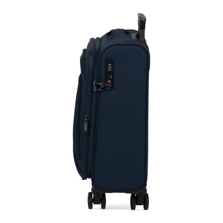 Navy Vitality soft shell cabin suitcase, side view showing the expansion zip and side handle