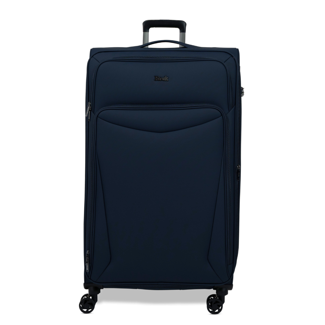 Navy Vitality soft shell extra large suitcase with a zipped front pocket and 8 spinner wheels