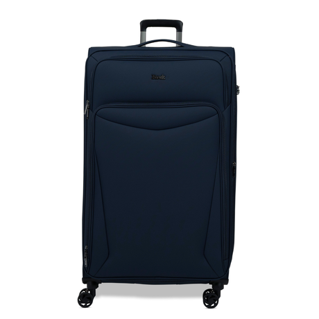 Navy Vitality soft shell extra large suitcase with a zipped front pocket and 8 spinner wheels