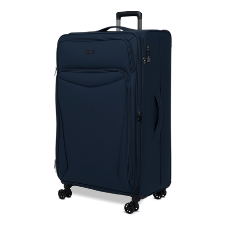 Navy Vitality soft shell extra large suitcase, angled view showing the front pocket and trolley handle