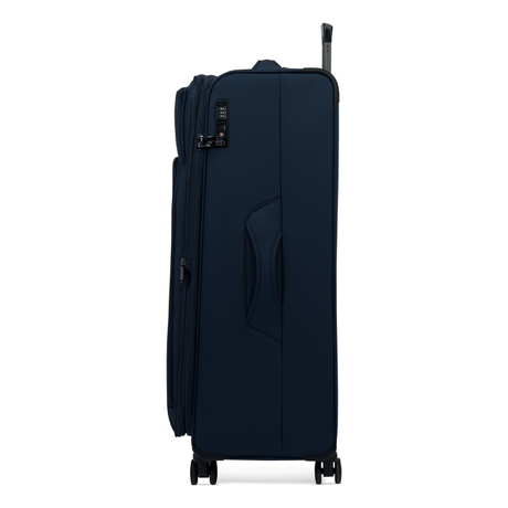 Navy Vitality soft shell extra large suitcase, side view showing the expansion zip and side handle