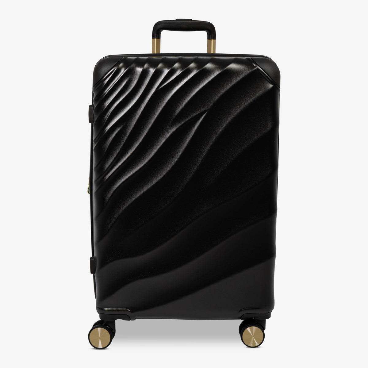 Moonlight Black Sahara medium suitcase with a wave-design hard shell and 8 double spinner wheels