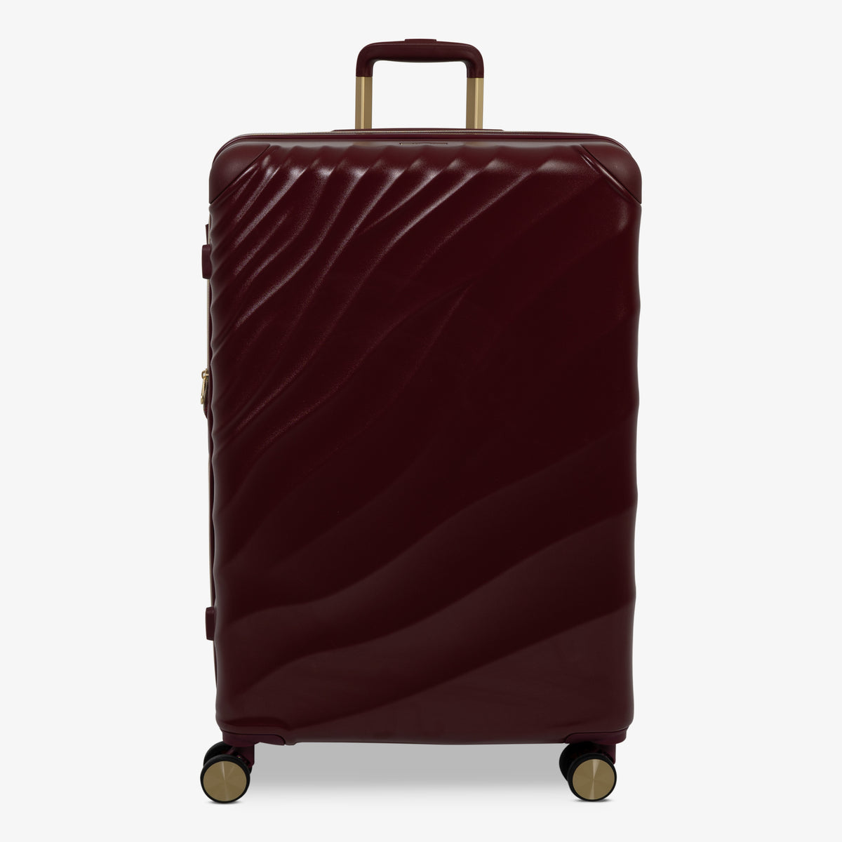 Burgundy Dusk Sahara large suitcase with a wave-design hard shell and 8 double spinner wheels