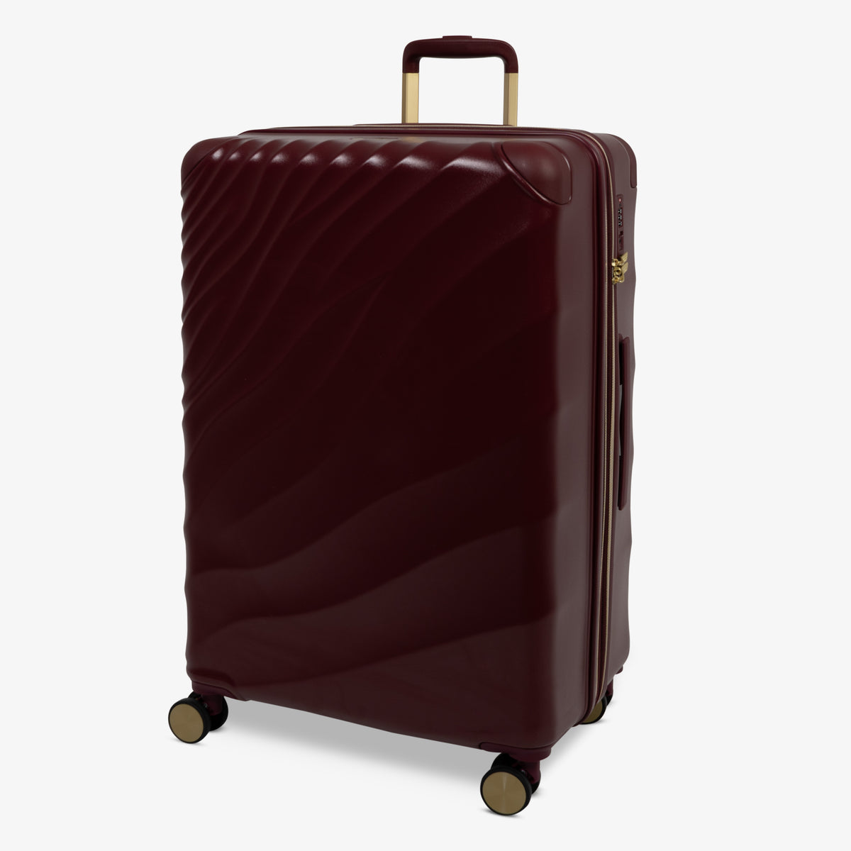 Burgundy Dusk Sahara large suitcase, angled view showing the wave-design shell
