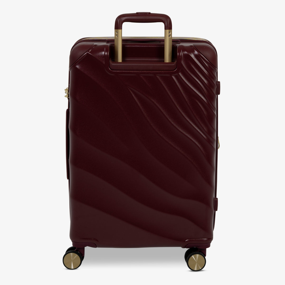 Burgundy Dusk Sahara medium suitcase from the back, showing the trolley handle and back panel