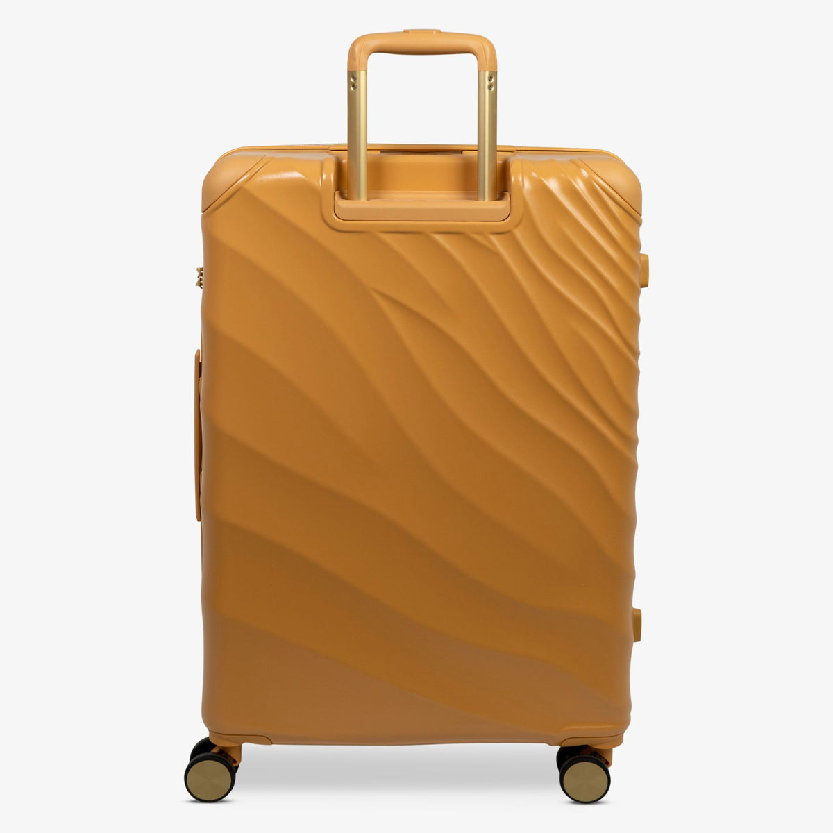 Gold Sunset Sahara large suitcase from the back, showing the trolley handle and back panel