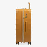Gold Sunset Sahara large suitcase, side view showing the side handle and reinforced corners
