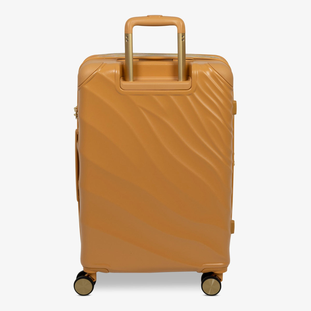 Gold Sunset Sahara medium suitcase from the back, showing the trolley handle and back panel