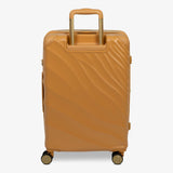 Gold Sunset Sahara medium suitcase from the back, showing the trolley handle and back panel