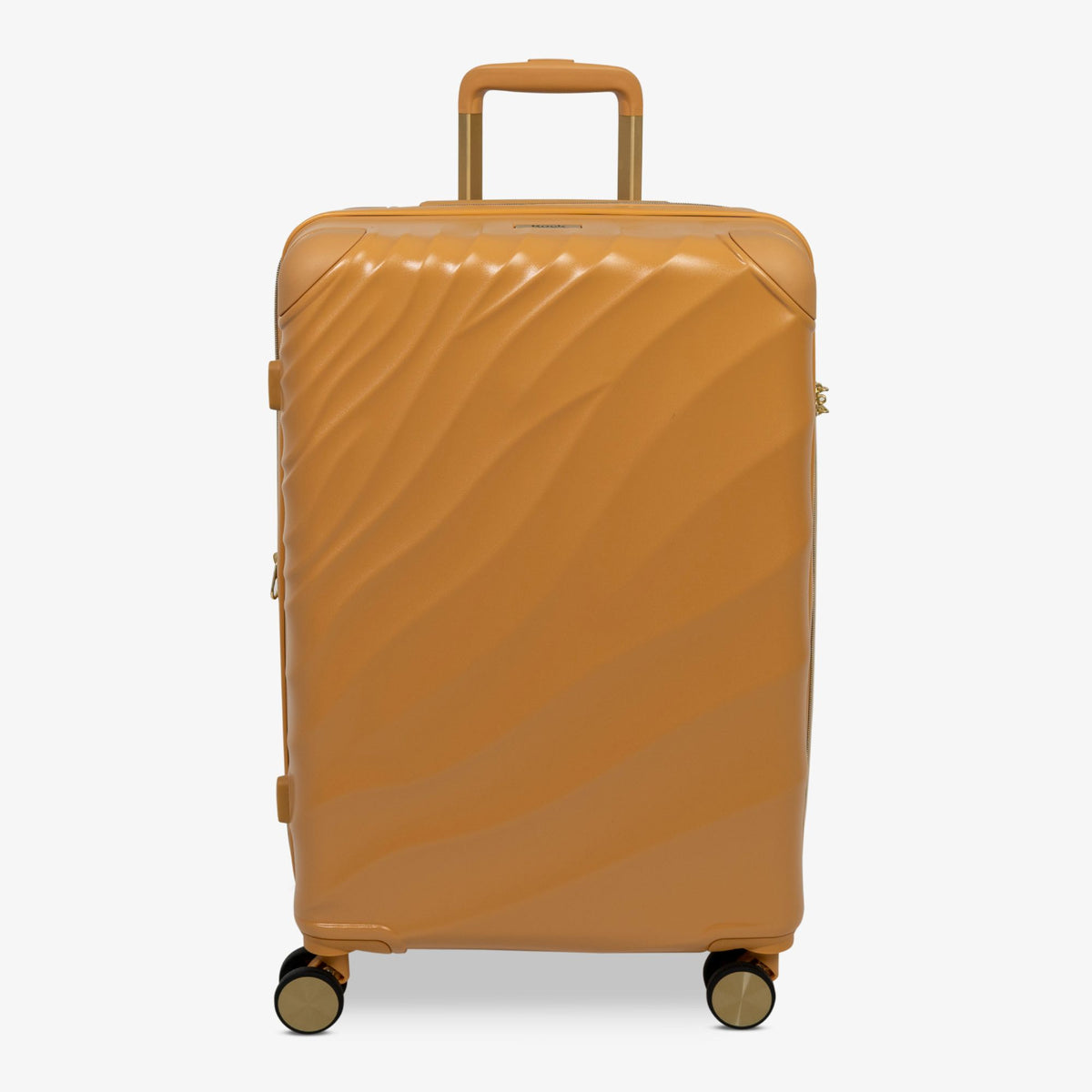 Gold Sunset Sahara medium suitcase with a wave-design hard shell and 8 double spinner wheels
