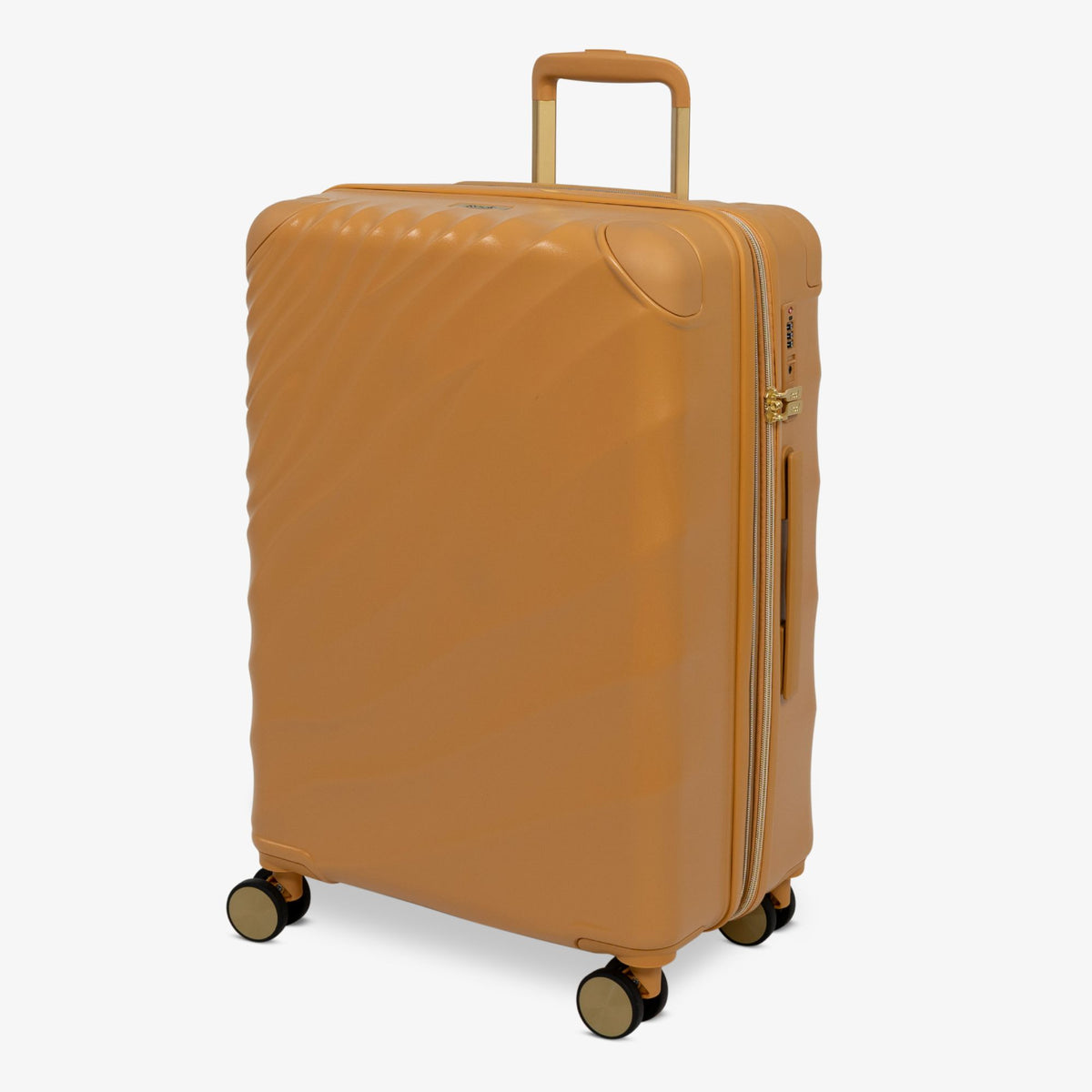 Gold Sunset Sahara medium suitcase, angled view showing the wave-design shell