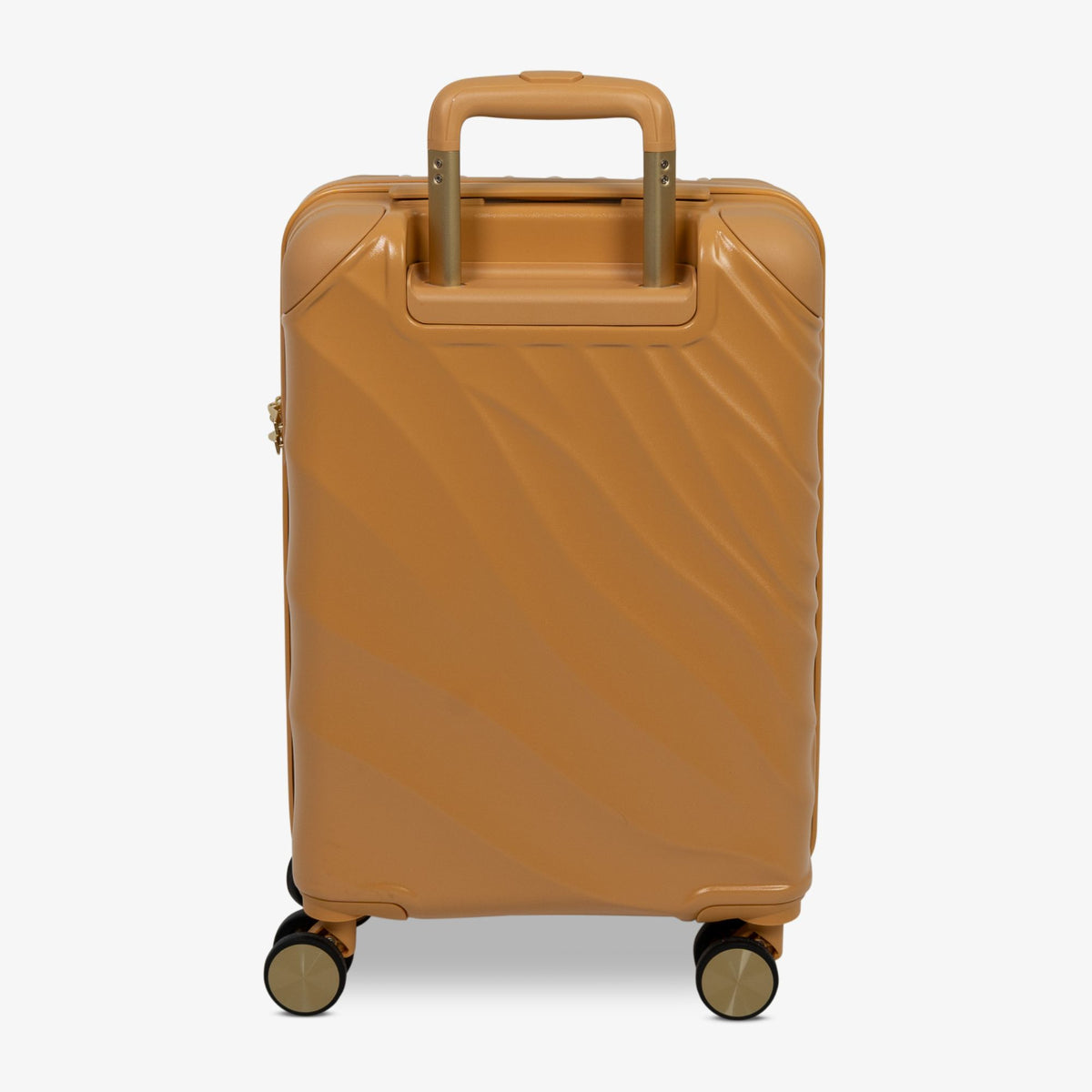 Gold Sunset Sahara cabin suitcase from the back, showing the trolley handle and back panel