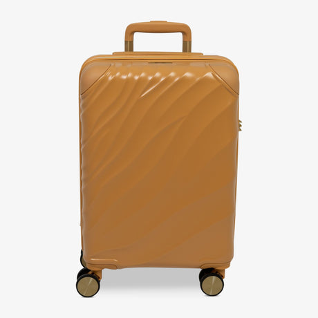 Gold Sunset Sahara cabin suitcase with a wave-design hard shell and 8 double spinner wheels