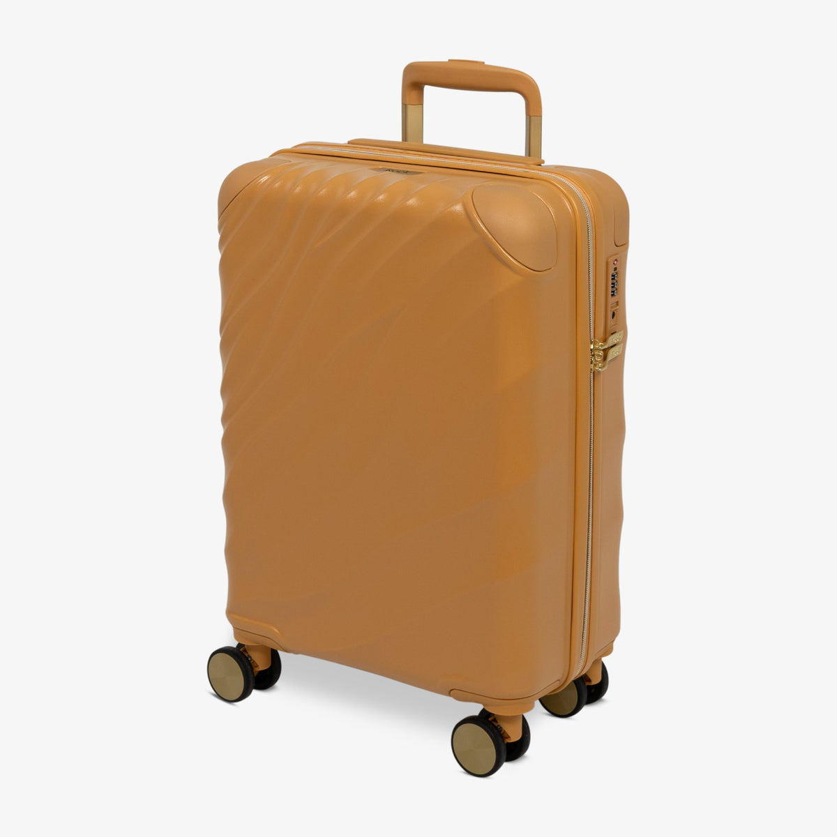 Gold Sunset Sahara cabin suitcase, angled view showing the wave-design shell
