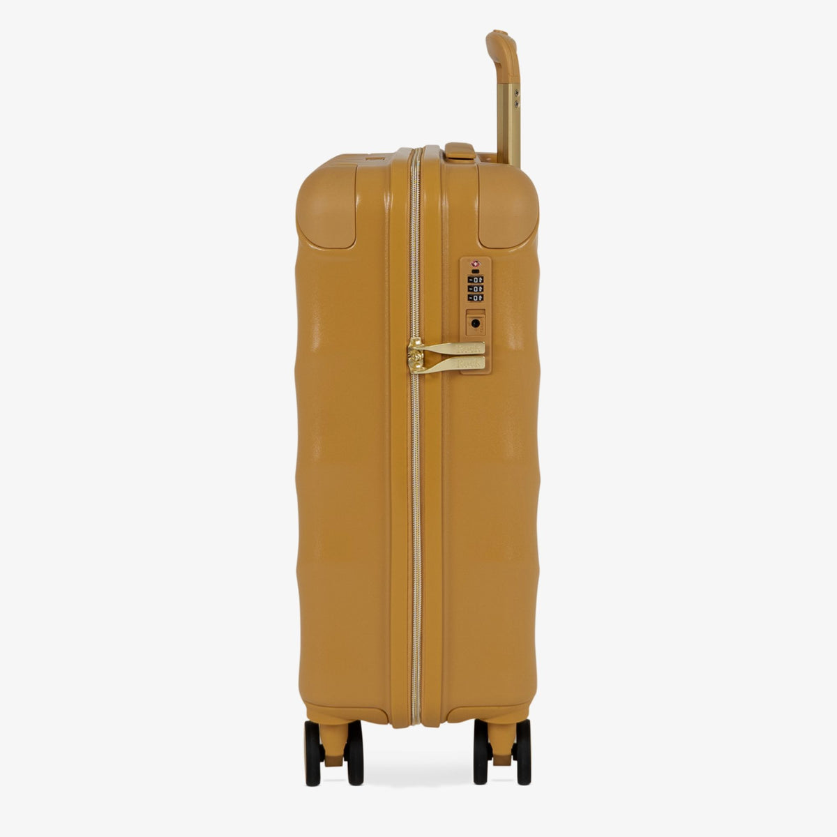 Gold Sunset Sahara cabin suitcase, side view showing the side handle and reinforced corners