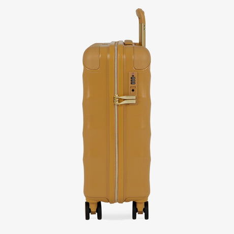 Gold Sunset Sahara cabin suitcase, side view showing the side handle and reinforced corners